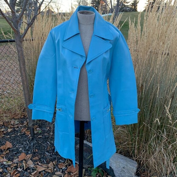 Vintage 60s 70s Faux Leather Trench Coat Belted Light Blue Overcoat - Picture 4 of 16